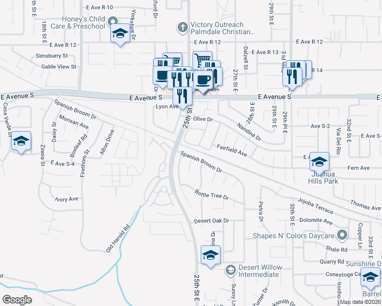 map of restaurants, bars, coffee shops, grocery stores, and more near 36964 Spanish Broom Drive in Palmdale