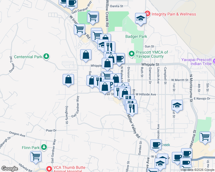 map of restaurants, bars, coffee shops, grocery stores, and more near 950 Fair Street in Prescott