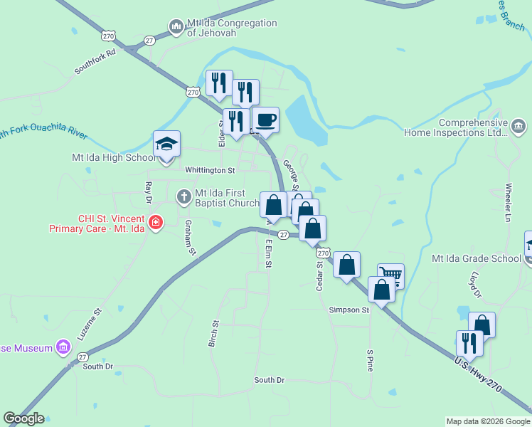 map of restaurants, bars, coffee shops, grocery stores, and more near 122 West Elm Street in Mount Ida