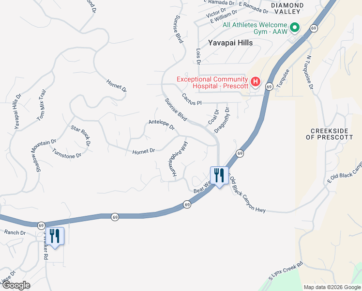 map of restaurants, bars, coffee shops, grocery stores, and more near 620 Hummingbird Way in Prescott