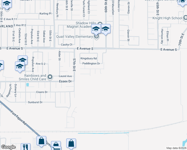 map of restaurants, bars, coffee shops, grocery stores, and more near 36954 Earls Court in Palmdale