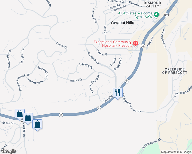 map of restaurants, bars, coffee shops, grocery stores, and more near 620 Hummingbird Way in Prescott