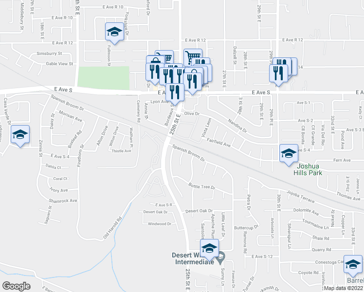 map of restaurants, bars, coffee shops, grocery stores, and more near 36964 Spanish Broom Drive in Palmdale