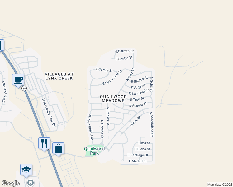 map of restaurants, bars, coffee shops, grocery stores, and more near 798 North Diaz Street in Prescott Valley