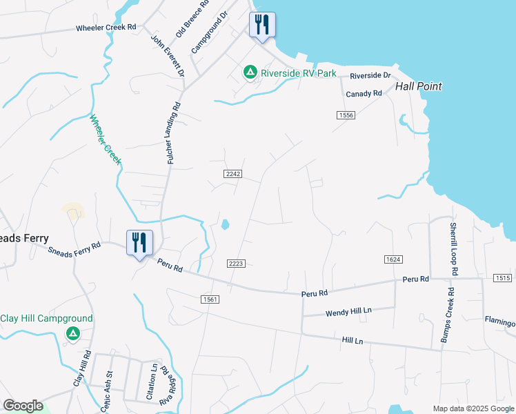 map of restaurants, bars, coffee shops, grocery stores, and more near 116 Lawndale Lane in Sneads Ferry