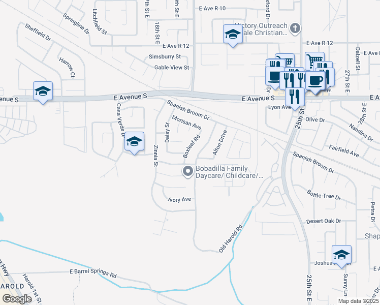 map of restaurants, bars, coffee shops, grocery stores, and more near 37024 Boxleaf Road in Palmdale