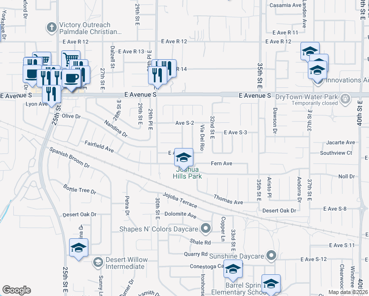 map of restaurants, bars, coffee shops, grocery stores, and more near 37012 Calle Bonita in Palmdale