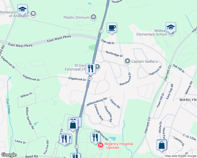 map of restaurants, bars, coffee shops, grocery stores, and more near 151 Wexford Drive in Anderson