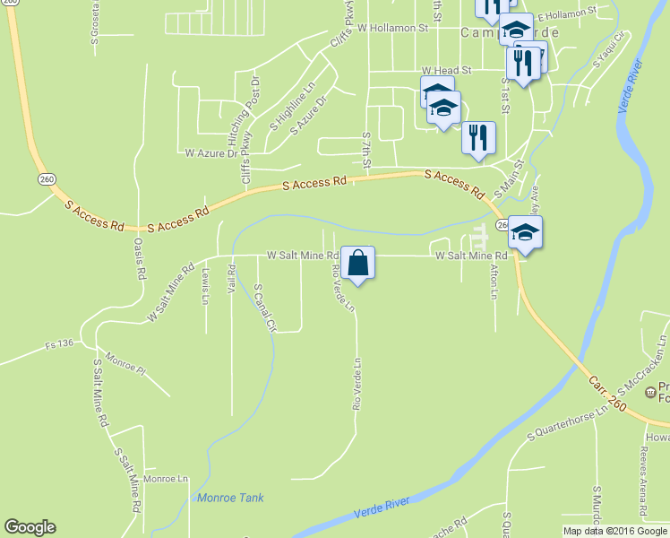 map of restaurants, bars, coffee shops, grocery stores, and more near 1100 Rio Verde Lane in Camp Verde