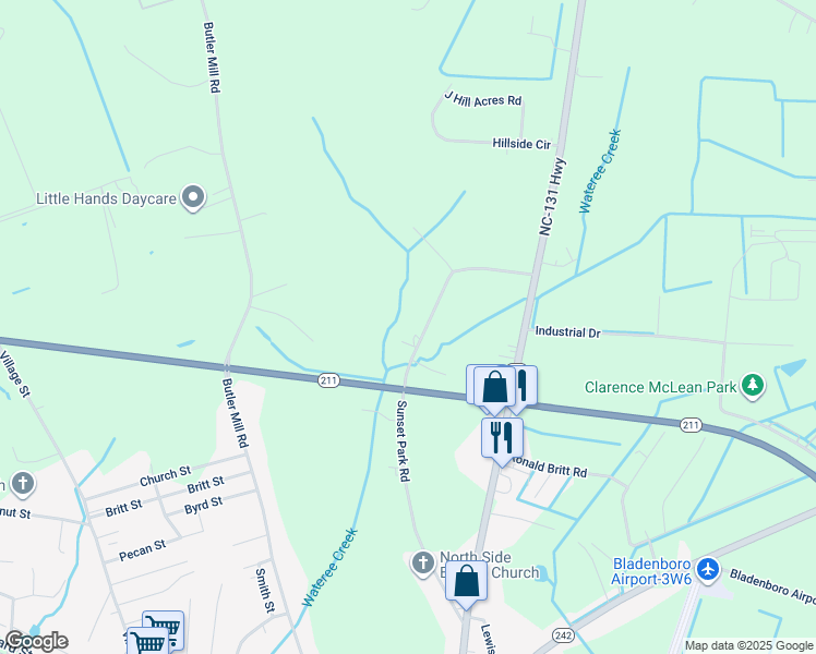 map of restaurants, bars, coffee shops, grocery stores, and more near 352 Sunset Park Road in Bladenboro