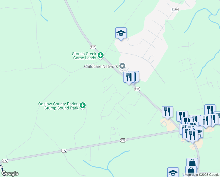 map of restaurants, bars, coffee shops, grocery stores, and more near 337 South Stingray Lane in Sneads Ferry