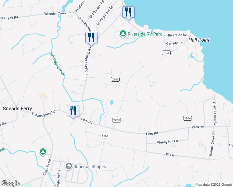 map of restaurants, bars, coffee shops, grocery stores, and more near 409 Grismill Road in Sneads Ferry