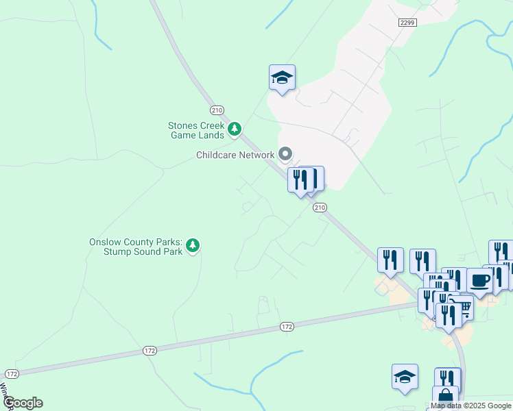 map of restaurants, bars, coffee shops, grocery stores, and more near 337 South Stingray Lane in Sneads Ferry