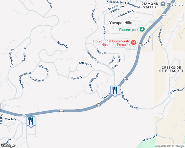 map of restaurants, bars, coffee shops, grocery stores, and more near 4941 Hornet Drive in Prescott
