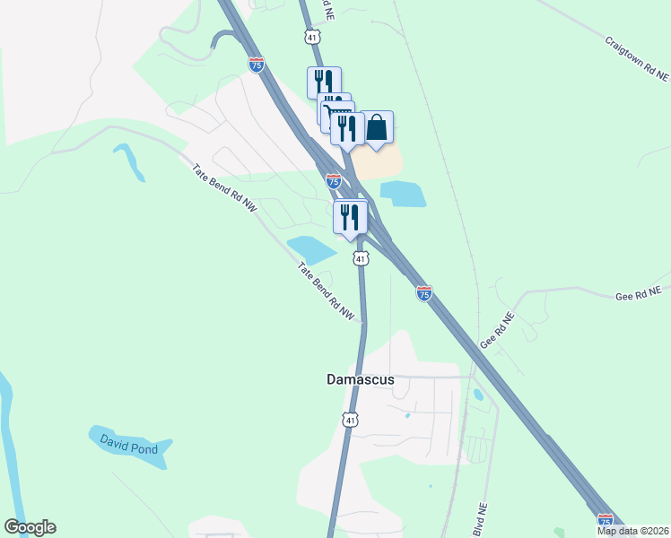 map of restaurants, bars, coffee shops, grocery stores, and more near 1438 North Wall Street in Calhoun