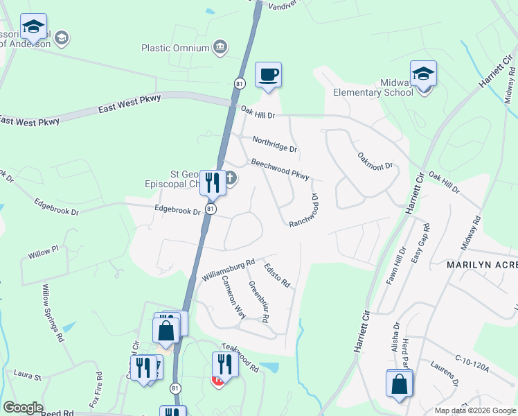 map of restaurants, bars, coffee shops, grocery stores, and more near 160 Wexford Drive in Anderson