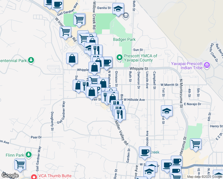 map of restaurants, bars, coffee shops, grocery stores, and more near 728 North Walnut Street in Prescott