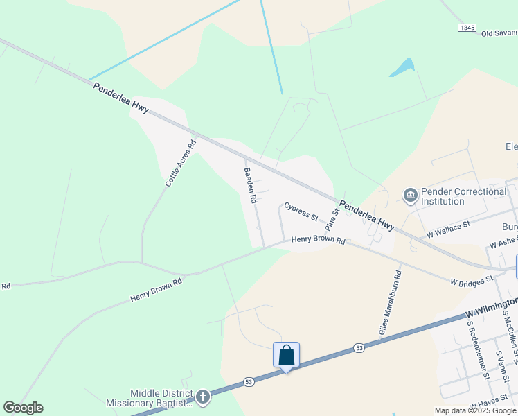 map of restaurants, bars, coffee shops, grocery stores, and more near 215 Basden Road in Burgaw