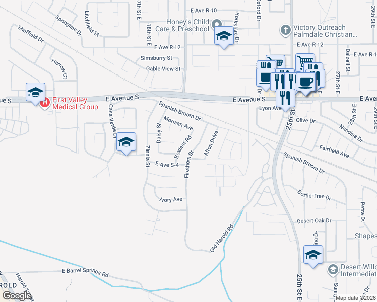 map of restaurants, bars, coffee shops, grocery stores, and more near 37031 Firethorn Street in Palmdale