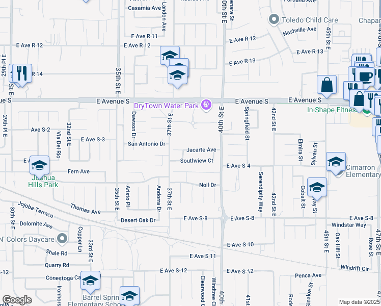 map of restaurants, bars, coffee shops, grocery stores, and more near 3771 Southview Court in Palmdale