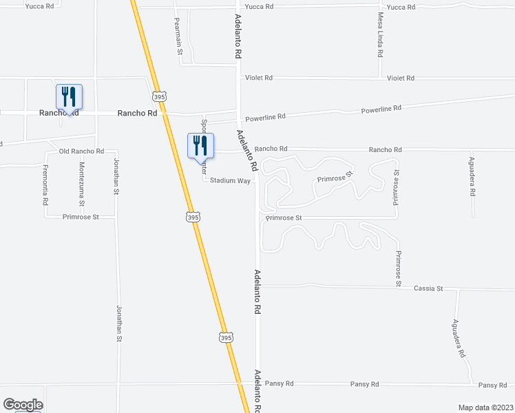 map of restaurants, bars, coffee shops, grocery stores, and more near Primrose Street in Adelanto