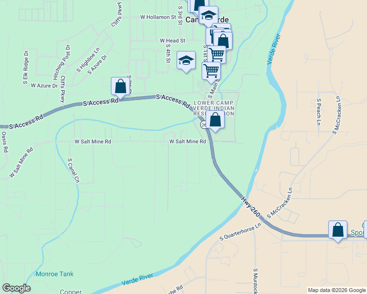 map of restaurants, bars, coffee shops, grocery stores, and more near 147 West Salt Mine Road in Camp Verde