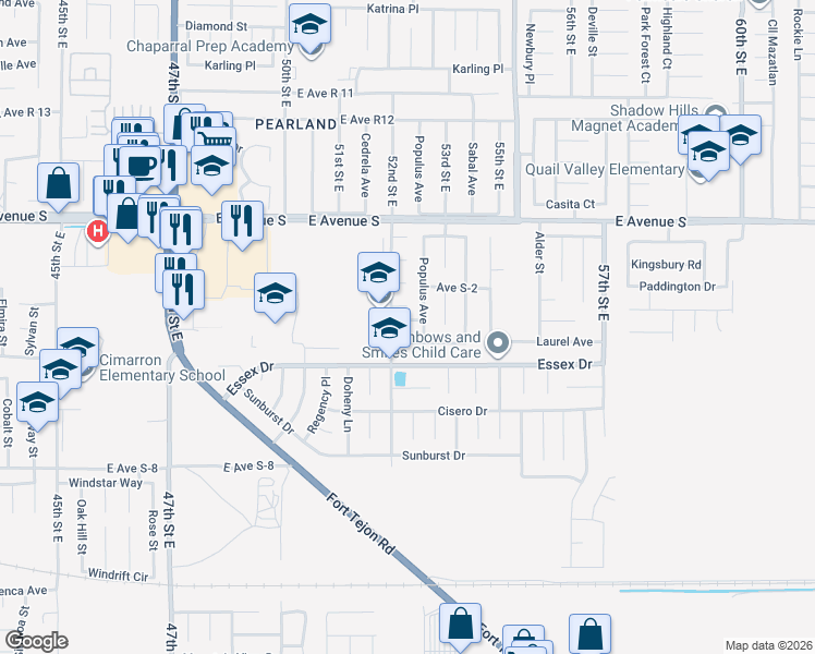 map of restaurants, bars, coffee shops, grocery stores, and more near 5218 Plateau Road in Palmdale