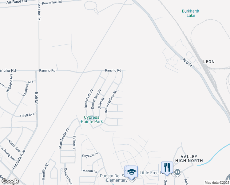 map of restaurants, bars, coffee shops, grocery stores, and more near 16818 Desert Willow Street in Victorville