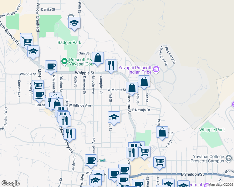 map of restaurants, bars, coffee shops, grocery stores, and more near 738 2nd Street in Prescott