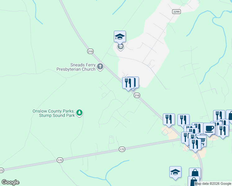 map of restaurants, bars, coffee shops, grocery stores, and more near 204 Sand Piper Place in Holly Ridge