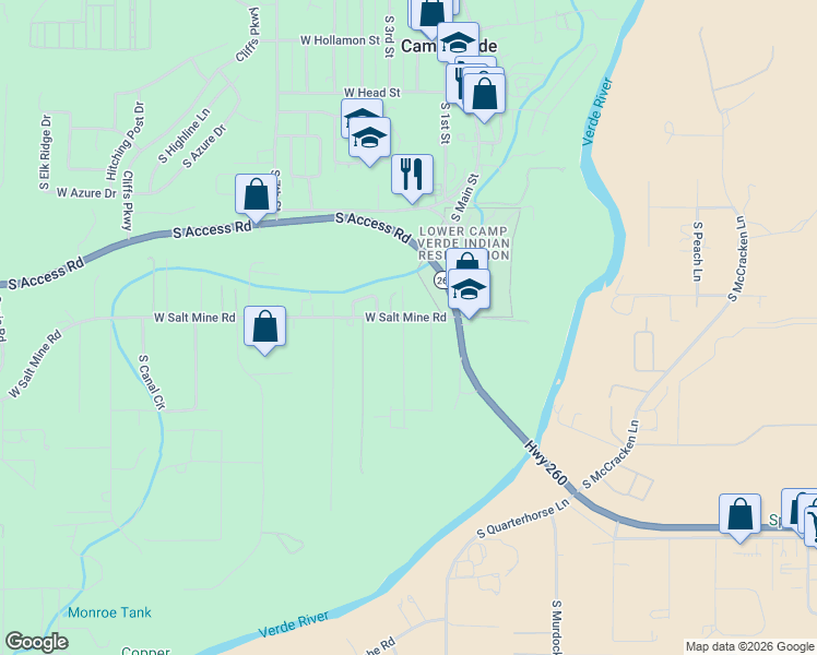 map of restaurants, bars, coffee shops, grocery stores, and more near 147 West Salt Mine Road in Camp Verde