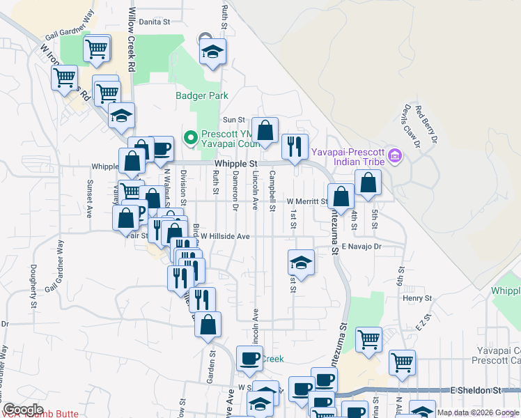 map of restaurants, bars, coffee shops, grocery stores, and more near 737 Lincoln Avenue in Prescott