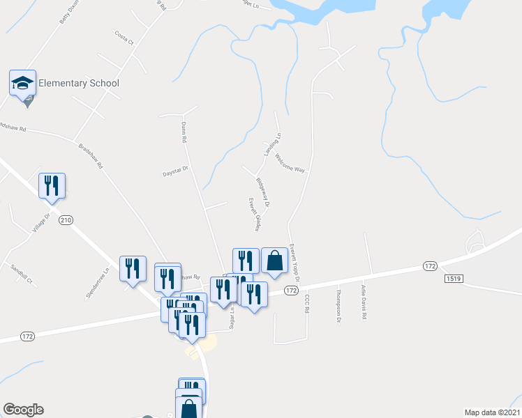 map of restaurants, bars, coffee shops, grocery stores, and more near 403 Ridgeway Drive in Sneads Ferry