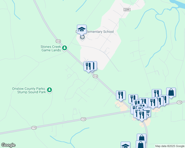 map of restaurants, bars, coffee shops, grocery stores, and more near 97 Village Drive in Holly Ridge