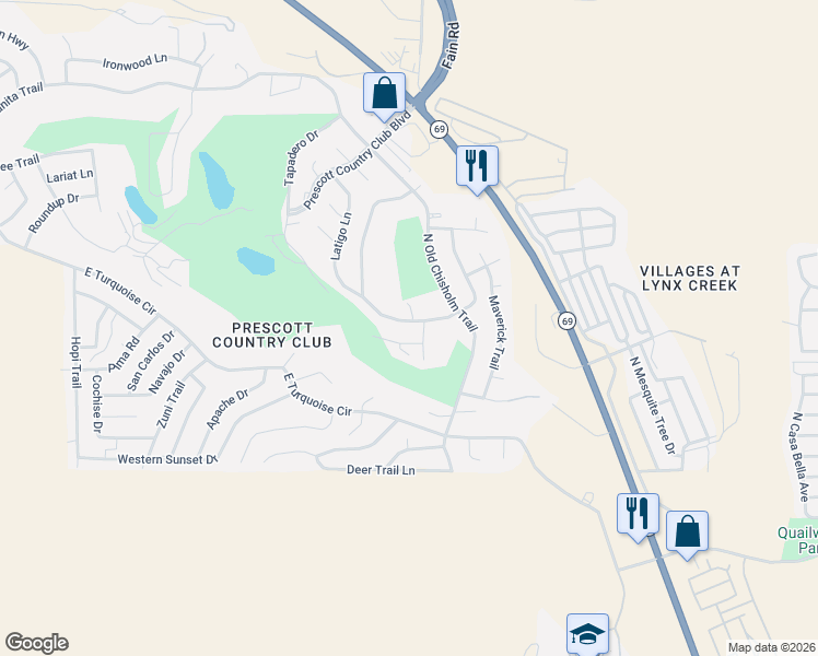 map of restaurants, bars, coffee shops, grocery stores, and more near 11784 Longhorn Drive in Yavapai County