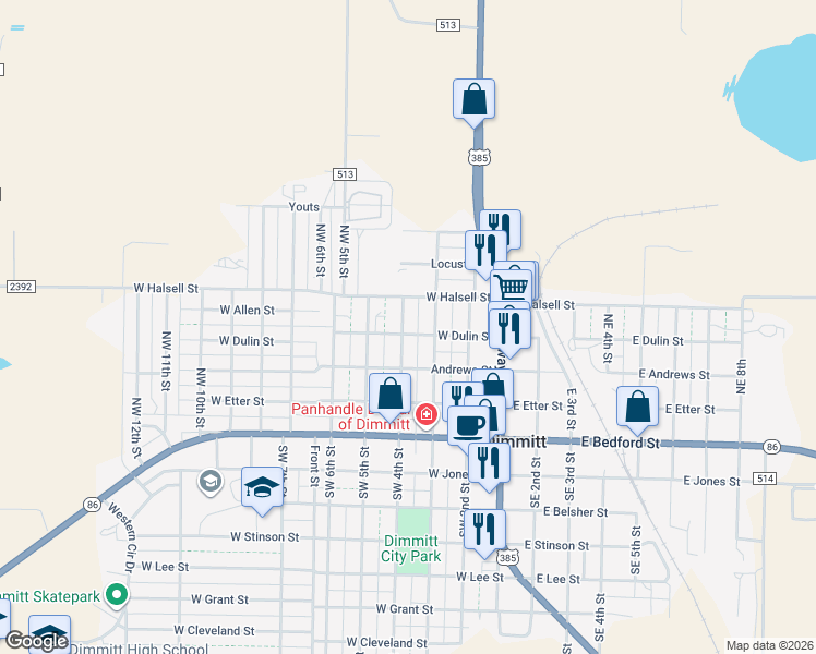 map of restaurants, bars, coffee shops, grocery stores, and more near 301-399 Northwest 4th Street in Dimmitt