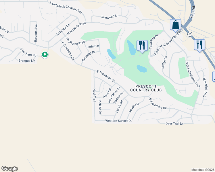 map of restaurants, bars, coffee shops, grocery stores, and more near 11159 Pima Road in Yavapai County