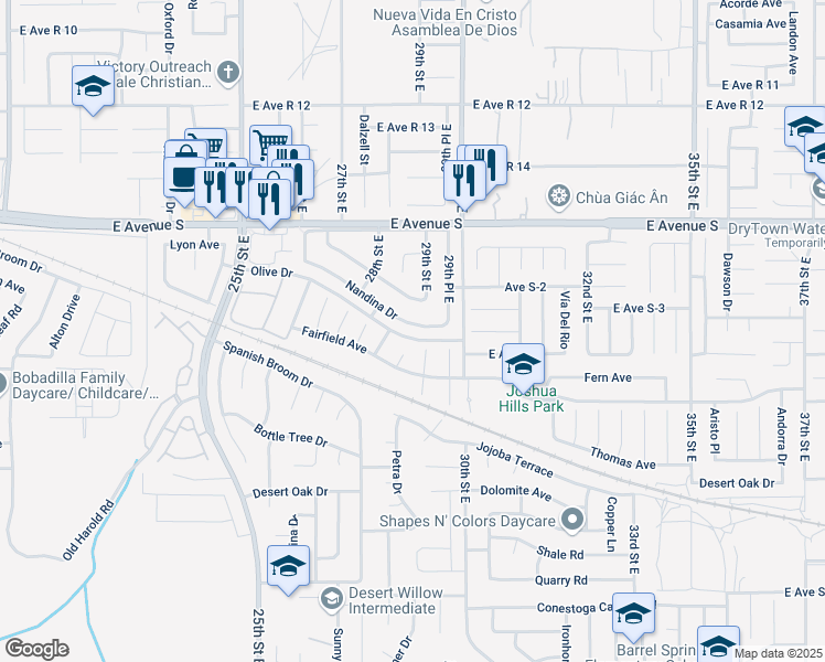 map of restaurants, bars, coffee shops, grocery stores, and more near 2870 Nandina Drive in Palmdale