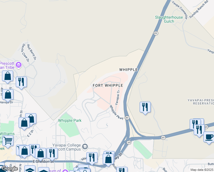 map of restaurants, bars, coffee shops, grocery stores, and more near 500 State Highway 89 in Prescott