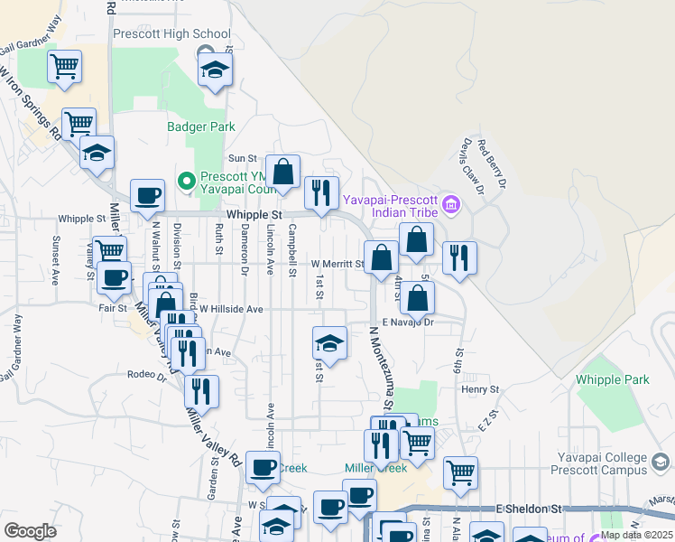 map of restaurants, bars, coffee shops, grocery stores, and more near 744 2nd Street in Prescott