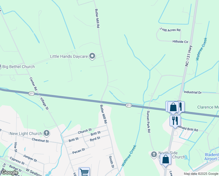 map of restaurants, bars, coffee shops, grocery stores, and more near 26 Mill Pond Court in Bladenboro