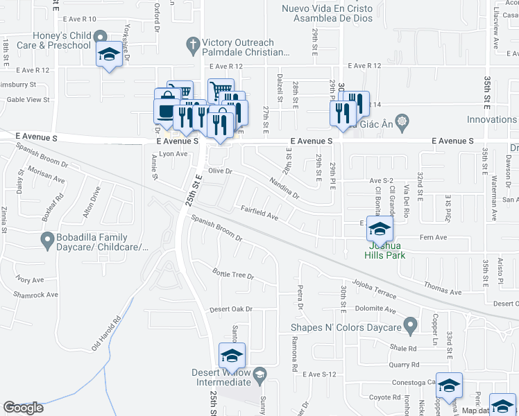 map of restaurants, bars, coffee shops, grocery stores, and more near 2653 Fairfield Avenue in Palmdale