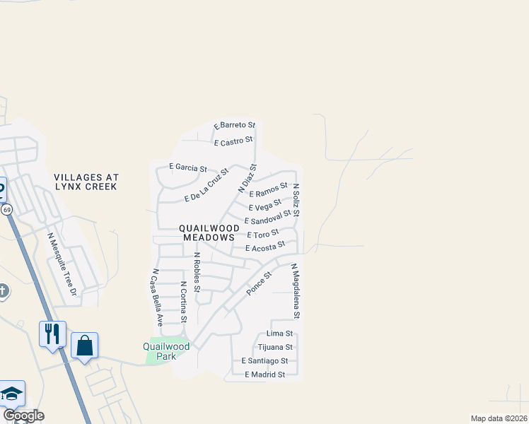 map of restaurants, bars, coffee shops, grocery stores, and more near 13038 East Toro Street in Prescott Valley