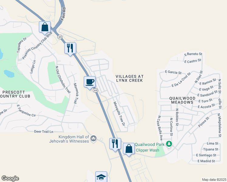 map of restaurants, bars, coffee shops, grocery stores, and more near 37 Village Creek Boulevard in Prescott Valley