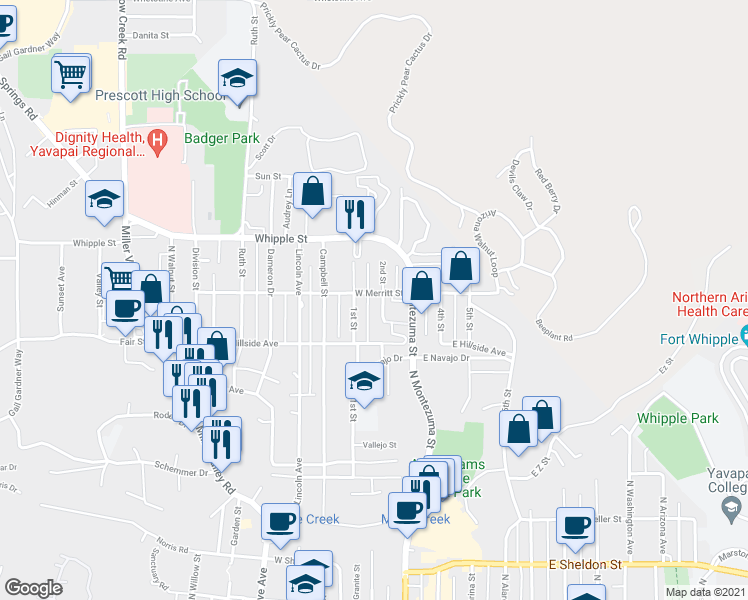 map of restaurants, bars, coffee shops, grocery stores, and more near 726 2nd Street in Prescott