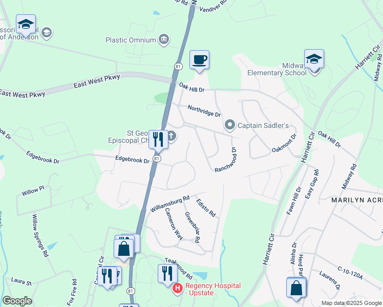 map of restaurants, bars, coffee shops, grocery stores, and more near 160 Wexford Drive in Anderson
