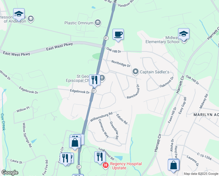 map of restaurants, bars, coffee shops, grocery stores, and more near 151 Wexford Drive in Anderson