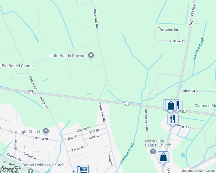 map of restaurants, bars, coffee shops, grocery stores, and more near 26 Mill Pond Court in Bladenboro