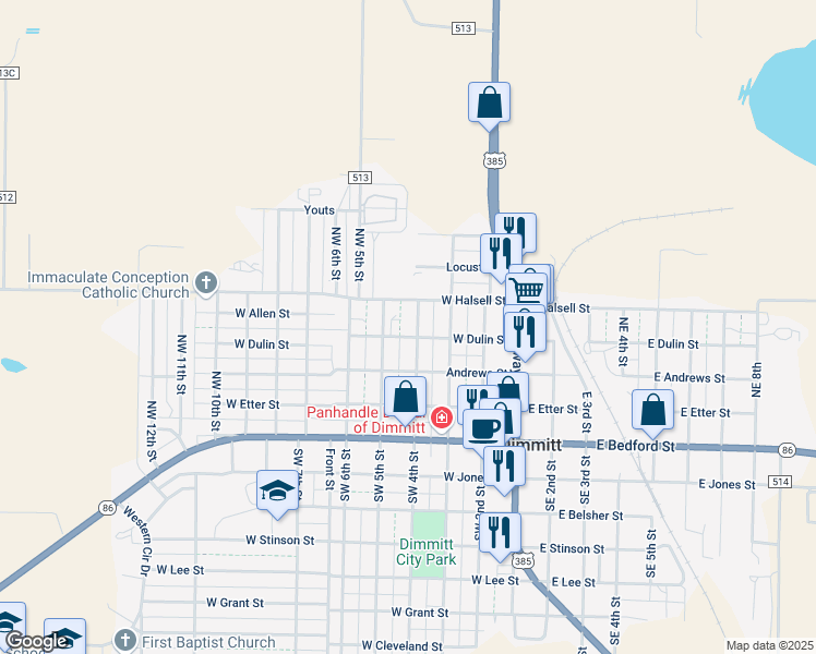 map of restaurants, bars, coffee shops, grocery stores, and more near 301-399 Northwest 4th Street in Dimmitt