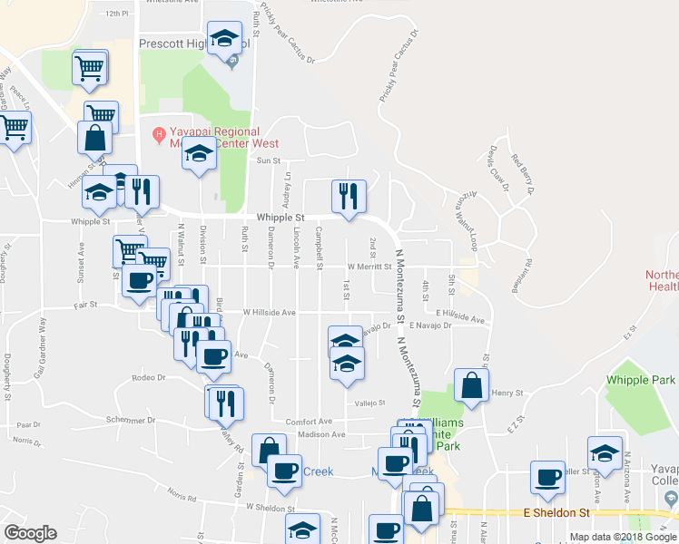 map of restaurants, bars, coffee shops, grocery stores, and more near 301 West Merritt Avenue in Prescott